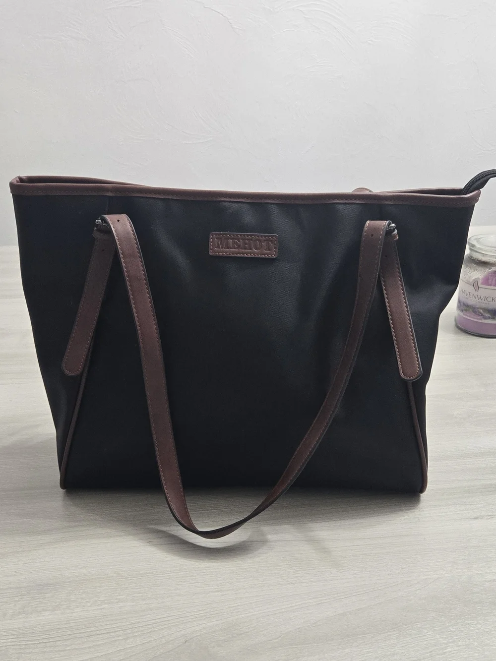 Women,s Brown Leather-Trim Tote Bag - Classic Black Interior